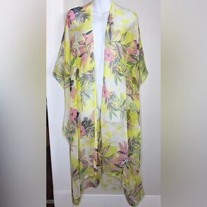 Sunflower yellow white floral Print sheer duster long kimono cardigan one size